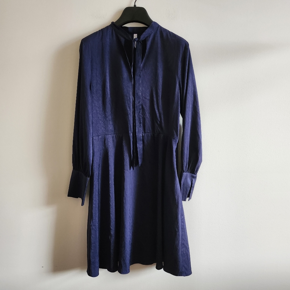 MNG MANGO I US 4 Blue Satin Dress With Tie Neck I navy blue